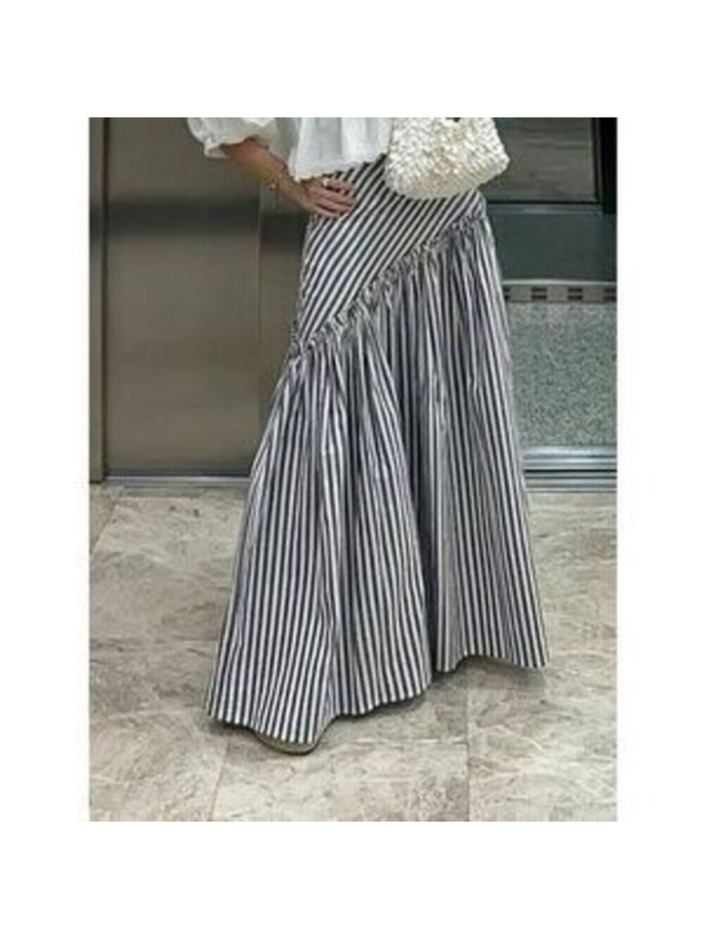 Black And White Casual Women's A-Line Striped Ruffle Hem Skirt - Picture 3 of 3